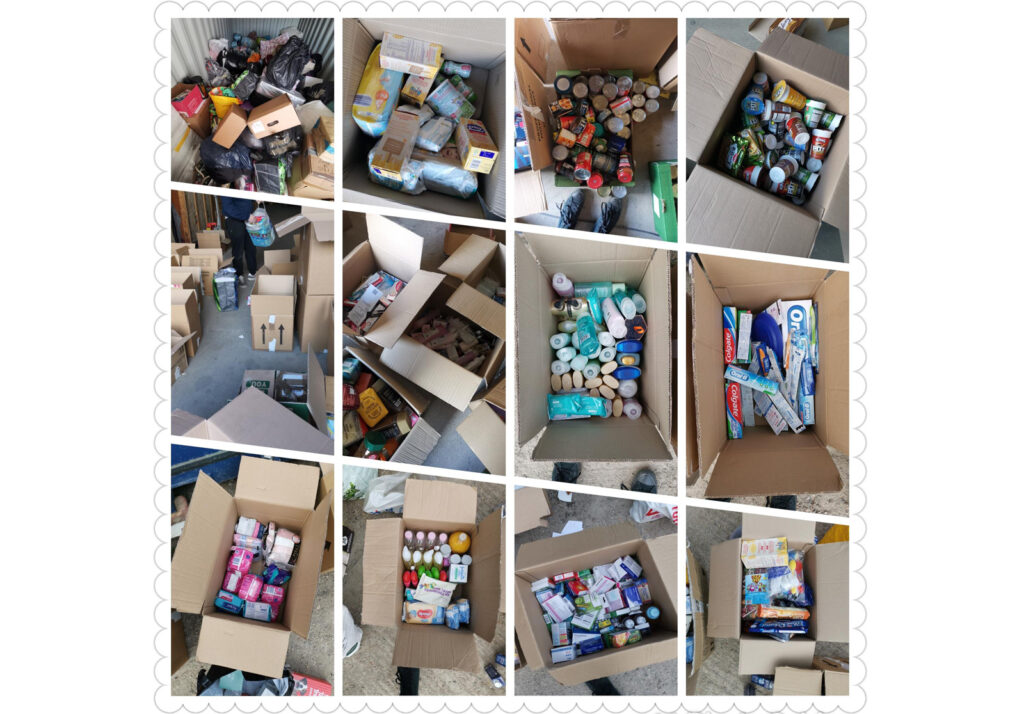 Collage of pictures of lots of donated goods for Ukraine